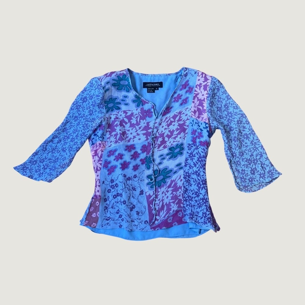 Cynthia Howie Maggy Boutique Top Women Blue Floral Patchwork Silk Boho SIZE 6